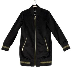 Sam Edelman Jacket Womens XS Black Wool Blend Long Bomber Gold Zip Pockets